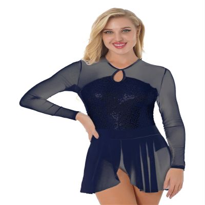 Freebily Women's Figure Ice Skating Dress Long Sleeve Shiny Rhinestones Roller Skating Lyrical Dance Costume Navy_Blue B Large