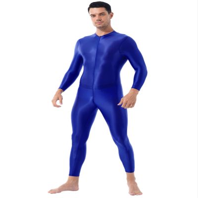 Manyakai Men's Glossy Lingerie Double-ended Zipper Leotard Full Body Yoga Bodybuilding Sports Jumpsuit Blue One Size