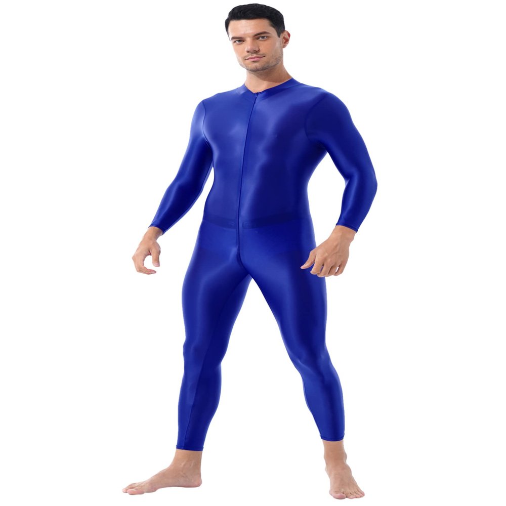 Manyakai Men's Glossy Lingerie Double-ended Zipper Leotard Full Body Yoga Bodybuilding Sports Jumpsuit Blue One Size