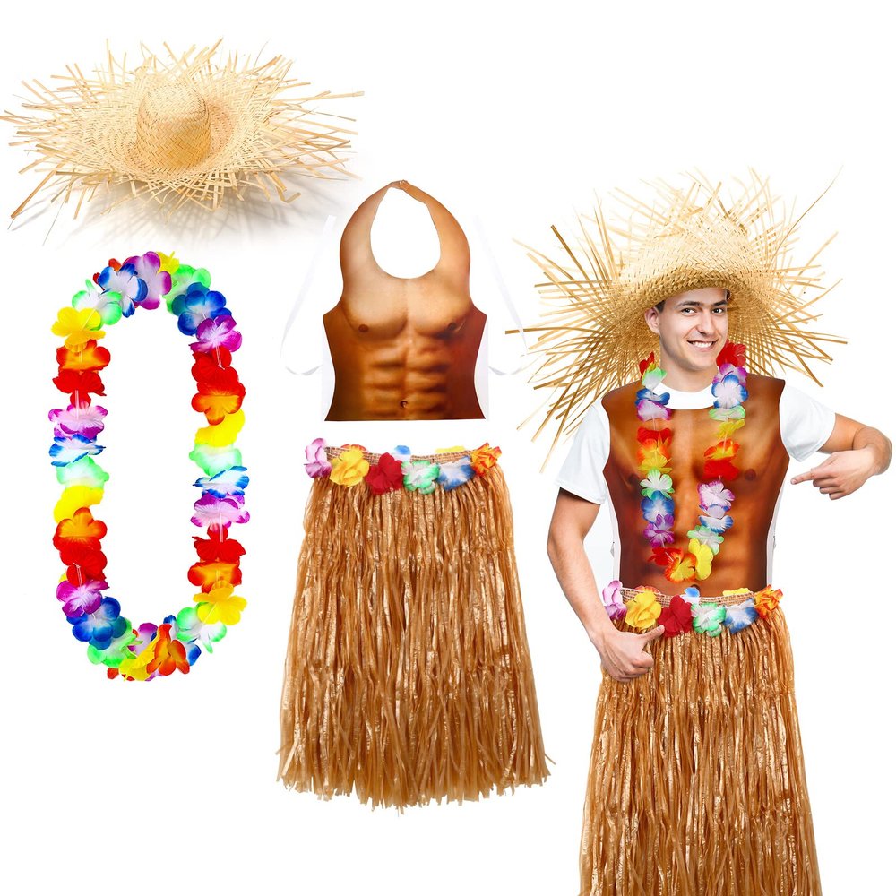 Yahenda 4 Pack Hawaiian Costumes for Man, Including Skirts Hula Skirts with Party Muscle Vest Straw Hat and Wreath, Hawaiian Outfits Party Accessory