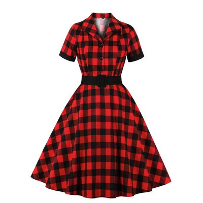 1950s Vintage Dresses for Women A-Line Cotton Audrey Retro Rockabilly Floral Print Skater Party Cocktail Wedding Evening Swing Dress UK Red Plaid L