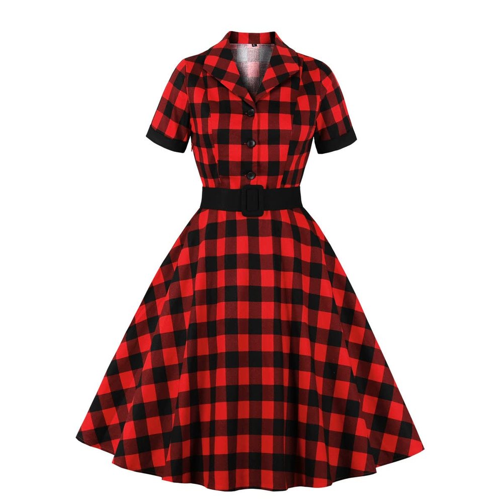1950s Vintage Dresses for Women A-Line Cotton Audrey Retro Rockabilly Floral Print Skater Party Cocktail Wedding Evening Swing Dress UK Red Plaid L
