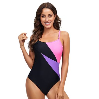 Women's One Piece Color Block Swimsuits Straps Cross Back Bathing Suits Tummy Control Swimwear for Aerobic Lap Swimming (Pink Black, M)