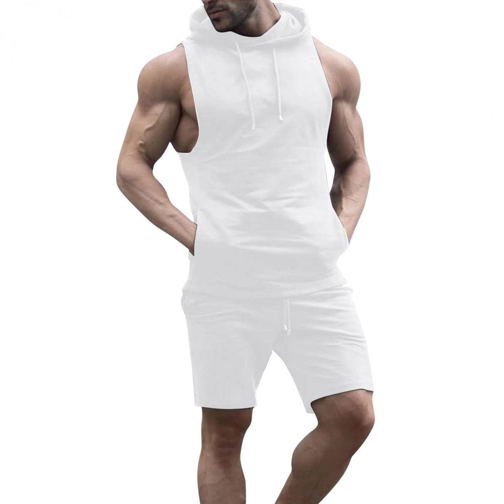 Men's 2 Piece Muscle Outfits Summer Sleeveless Hoodie and Workout Shorts Sets Stylish Solid Sweatsuits Sets with Pockets White