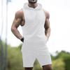 Men's 2 Piece Muscle Outfits Summer Sleeveless Hoodie and Workout Shorts Sets Stylish Solid Sweatsuits Sets with Pockets White view 2