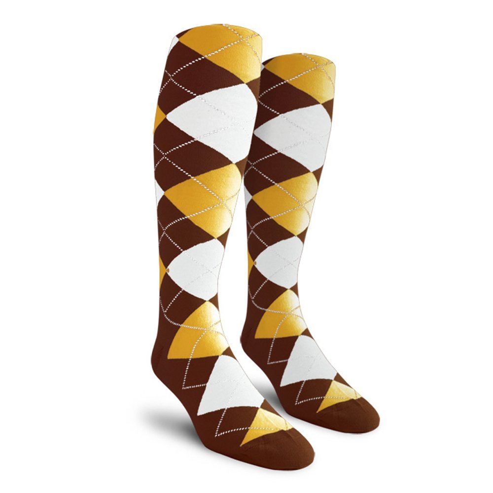Golf Knickers Colorful Knee High Argyle Cotton Socks For Men Women and Youth - EEEE: Brown/Gold/White - Ladies