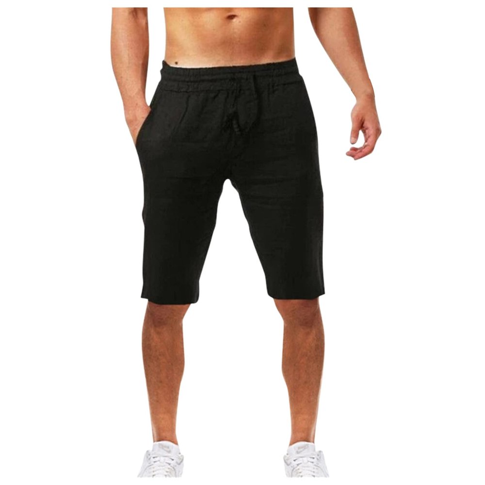 Linen Pants for Men Drawstring Casual Summer Solid Plain Beach Shorts Big and Tall Elastic Waist Pockets Stylish Shorts Black