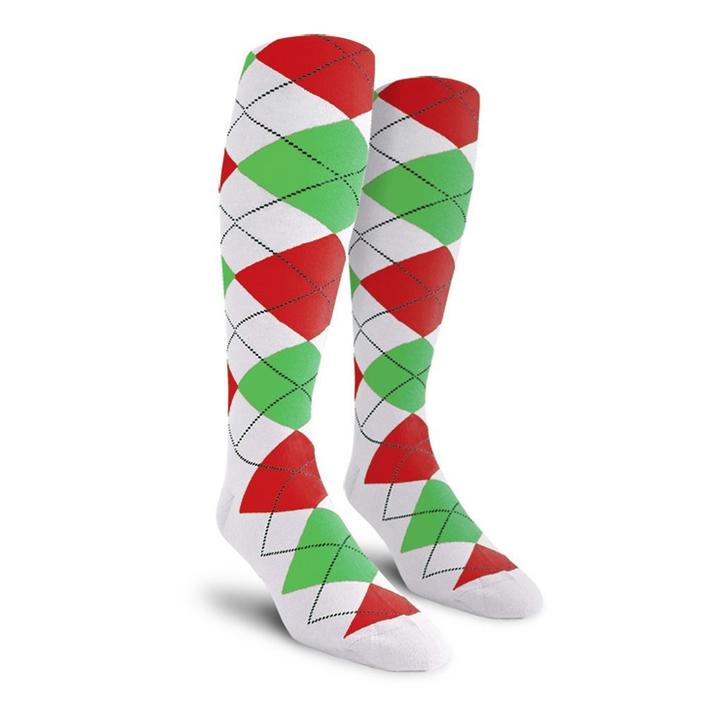 Golf Knickers Colorful Knee High Argyle Cotton Socks For Men Women and Youth - UUUU: White/Lime/Red - Ladies