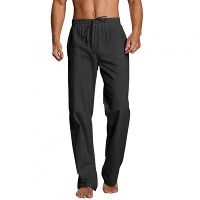 QWENTMTNTY Mens Linen Pants Drawstring Straight Fit Casual Summer Loose Fit Trousers Big & Tall Solid Plain Yoga Long Pants Black