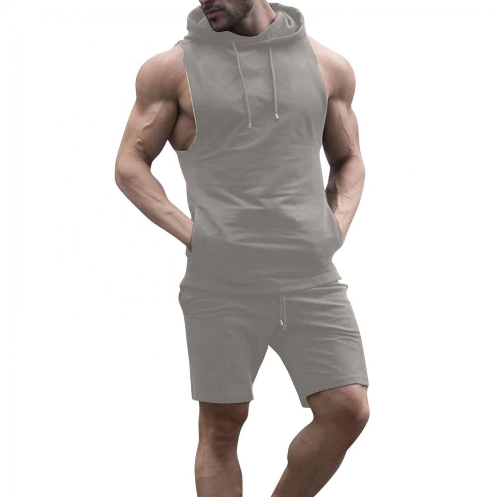 Men's 2 Piece Muscle Outfits Summer Sleeveless Hoodie and Workout Shorts Sets Stylish Solid Sweatsuits Sets with Pockets Gray