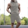 Men's 2 Piece Muscle Outfits Summer Sleeveless Hoodie and Workout Shorts Sets Stylish Solid Sweatsuits Sets with Pockets Gray view 2