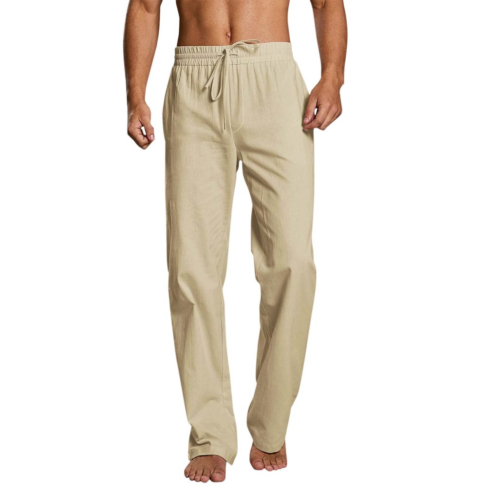 QWENTMTNTY Mens Linen Pants Drawstring Straight Fit Casual Summer Loose Fit Trousers Big & Tall Solid Plain Yoga Long Pants Khaki