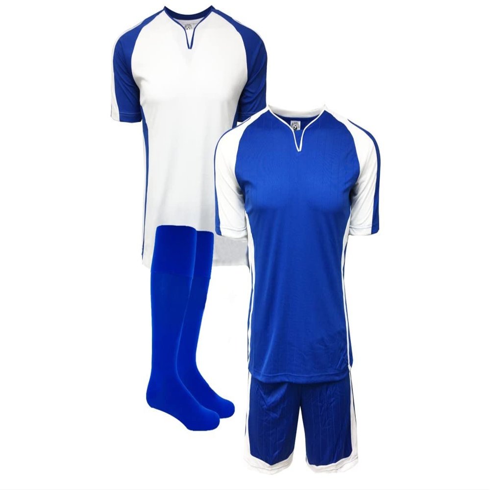 Soccer Uniforms for Teams, 4pcs Set, Royal Blue (Two Jerseys, One Short and One Pair of Socks) (Large)