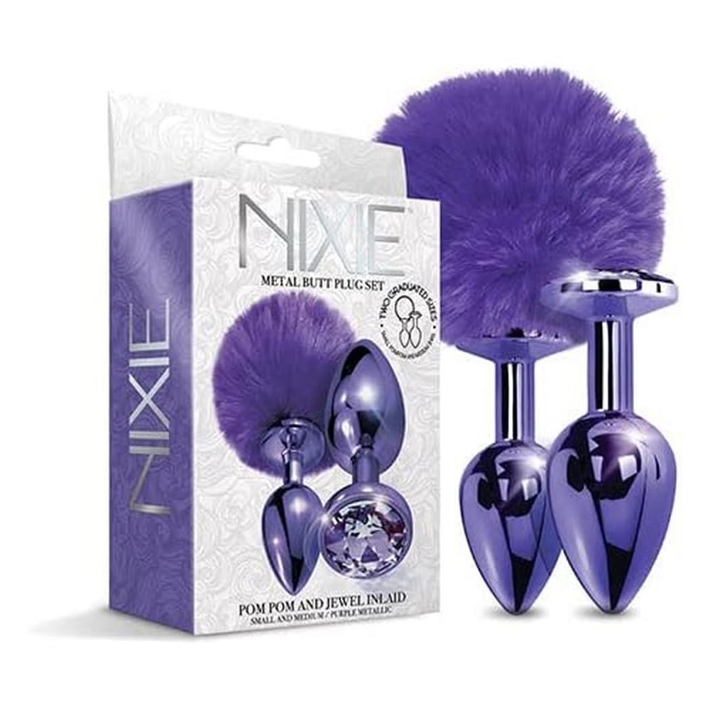Global Novelties LLC 78877: Nixie Metal Butt Plug Set Pom & Jewel Metallic Purple