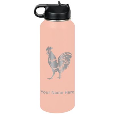 LaserGram Personalized Water Bottle, Rooster, Stainless Steel Double Wall Vacuum Insulated with Flip Top Straw, Custom Engraved Gift (40oz / 1180ml Coral)