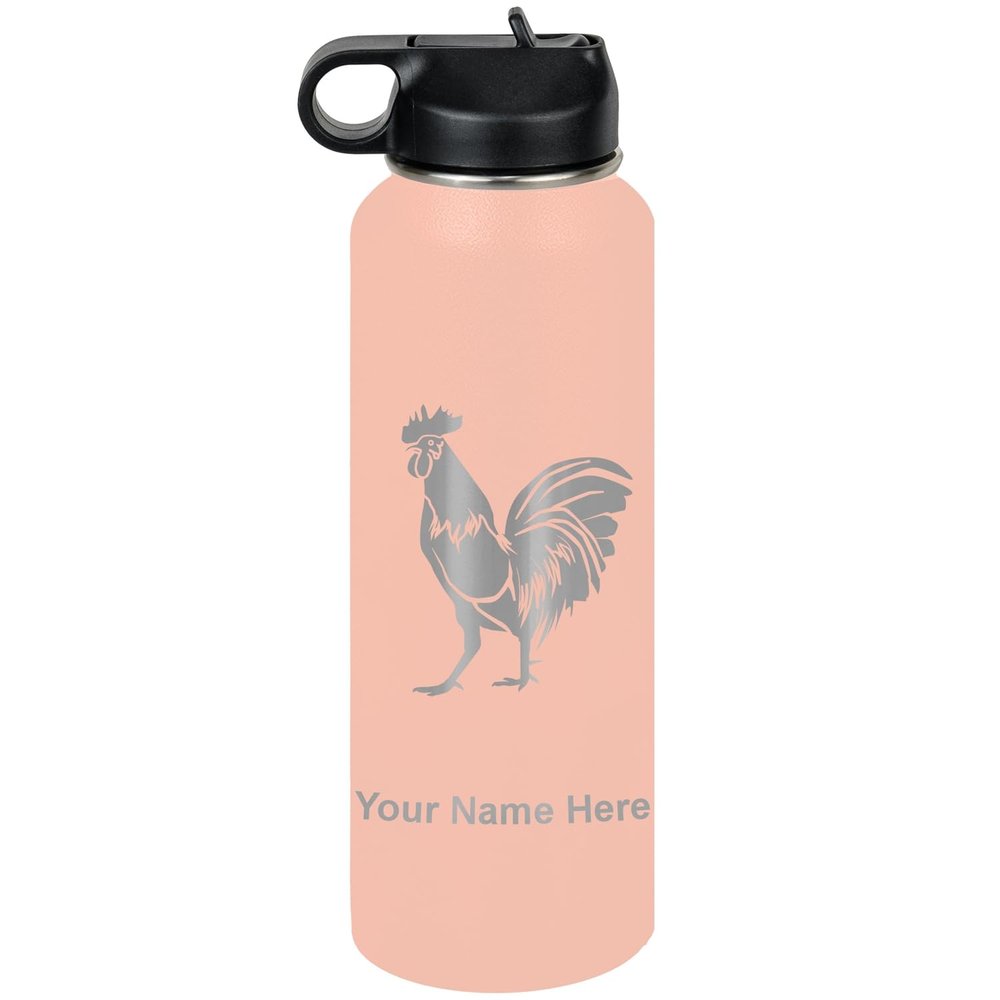 LaserGram Personalized Water Bottle, Rooster, Stainless Steel Double Wall Vacuum Insulated with Flip Top Straw, Custom Engraved Gift (40oz / 1180ml Coral)
