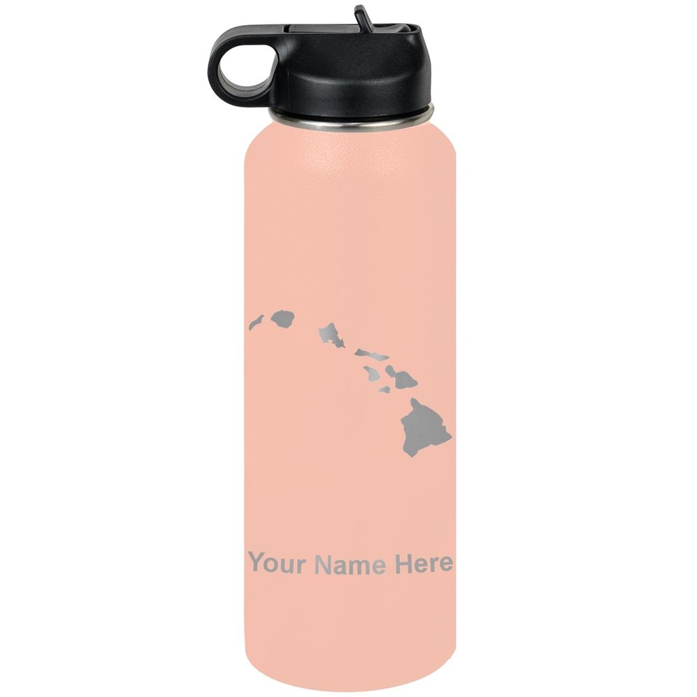 LaserGram Personalized Water Bottle, Hawaiian islands, Stainless Steel Double Wall Vacuum Insulated with Flip Top Straw, Custom Engraved Gift (40oz / 1180ml Coral)