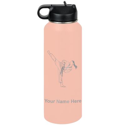 LaserGram Personalized Water Bottle, Taekwondo Woman, Stainless Steel Double Wall Vacuum Insulated with Flip Top Straw, Custom Engraved Gift (40oz / 1180ml Coral)