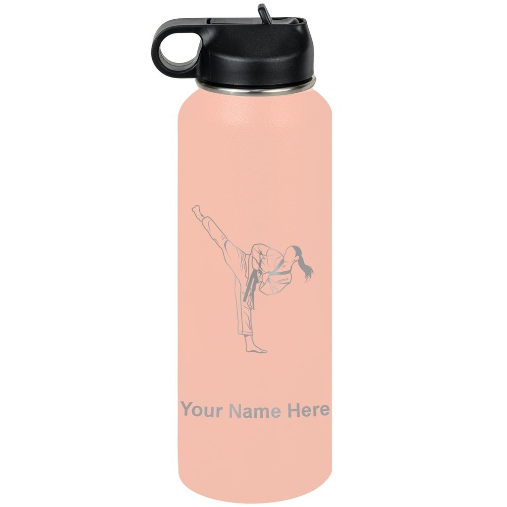 LaserGram Personalized Water Bottle, Taekwondo Woman, Stainless Steel Double Wall Vacuum Insulated with Flip Top Straw, Custom Engraved Gift (40oz / 1180ml Coral)