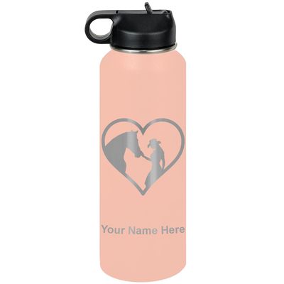LaserGram Personalized Water Bottle, Horse Cowgirl Heart, Stainless Steel Double Wall Vacuum Insulated with Flip Top Straw, Custom Engraved Gift (40oz / 1180ml Coral)
