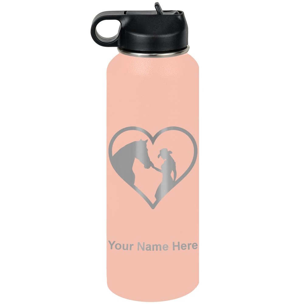 LaserGram Personalized Water Bottle, Horse Cowgirl Heart, Stainless Steel Double Wall Vacuum Insulated with Flip Top Straw, Custom Engraved Gift (40oz / 1180ml Coral)