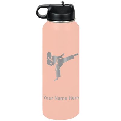 LaserGram Personalized Water Bottle, Karate Woman, Stainless Steel Double Wall Vacuum Insulated with Flip Top Straw, Custom Engraved Gift (40oz / 1180ml Coral)