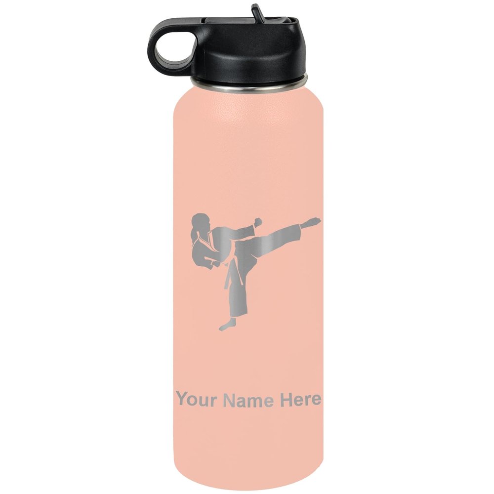 LaserGram Personalized Water Bottle, Karate Woman, Stainless Steel Double Wall Vacuum Insulated with Flip Top Straw, Custom Engraved Gift (40oz / 1180ml Coral)