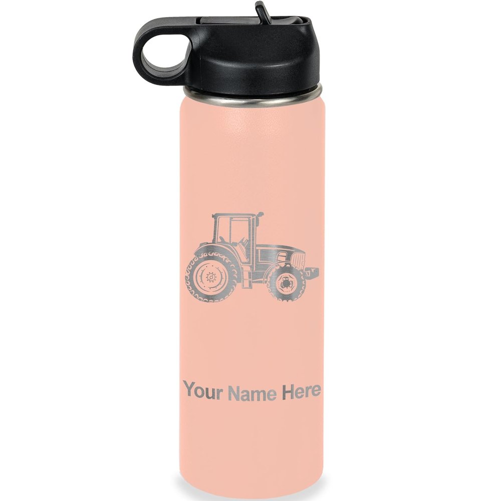 LaserGram Personalized Water Bottle, Farm Tractor, Stainless Steel Double Wall Vacuum Insulated with Flip Top Straw, Custom Engraved Gift (20oz / 590ml Coral)