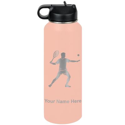 LaserGram Personalized Water Bottle, Tennis Player Man, Stainless Steel Double Wall Vacuum Insulated with Flip Top Straw, Custom Engraved Gift (40oz / 1180ml Coral)
