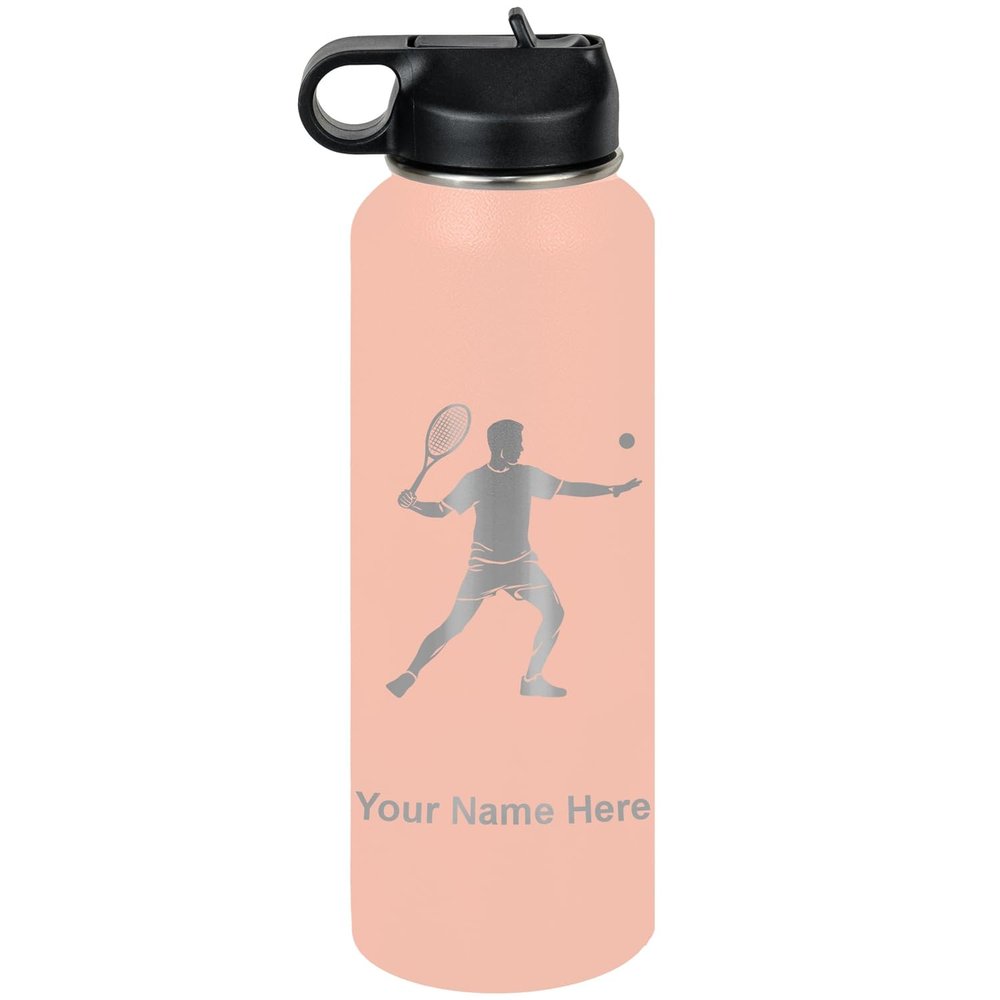 LaserGram Personalized Water Bottle, Tennis Player Man, Stainless Steel Double Wall Vacuum Insulated with Flip Top Straw, Custom Engraved Gift (40oz / 1180ml Coral)
