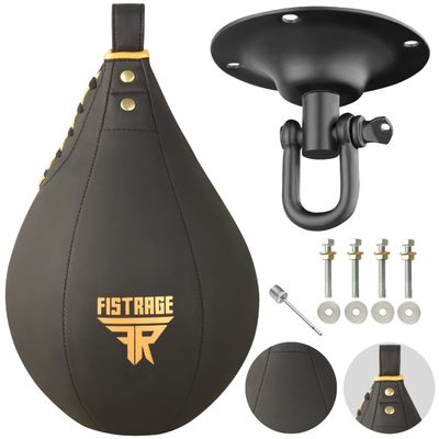FISTRAGE Speed Bag Boxing Ball Leather MMA Muay Thai Training Punching Dodge Striking Kit with Free Hanging Swivel Workout Speedball Kicking Platform Equipment (Gold Black)