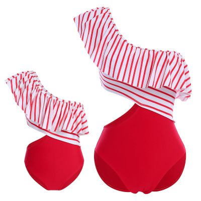 Mommy and Me Swimsuit One Piece Bathing Suit Mom and Daughter Family Matching Swimwear Monokini Padded Push Up Tummy Control One Shoulder Ruffles Vertical Stripes Women Girl Beachwear Red White L
