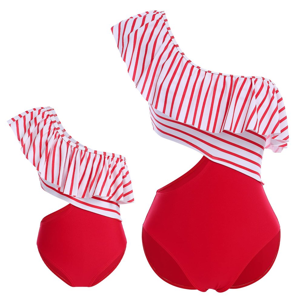 Mommy and Me Swimsuit One Piece Bathing Suit Mom and Daughter Family Matching Swimwear Monokini Padded Push Up Tummy Control One Shoulder Ruffles Vertical Stripes Women Girl Beachwear Red White L