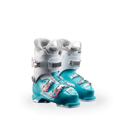Nordica Speedmachine J3 Kid's Alpine Ski Boots (Light Blue/White/Pink, 22.5)