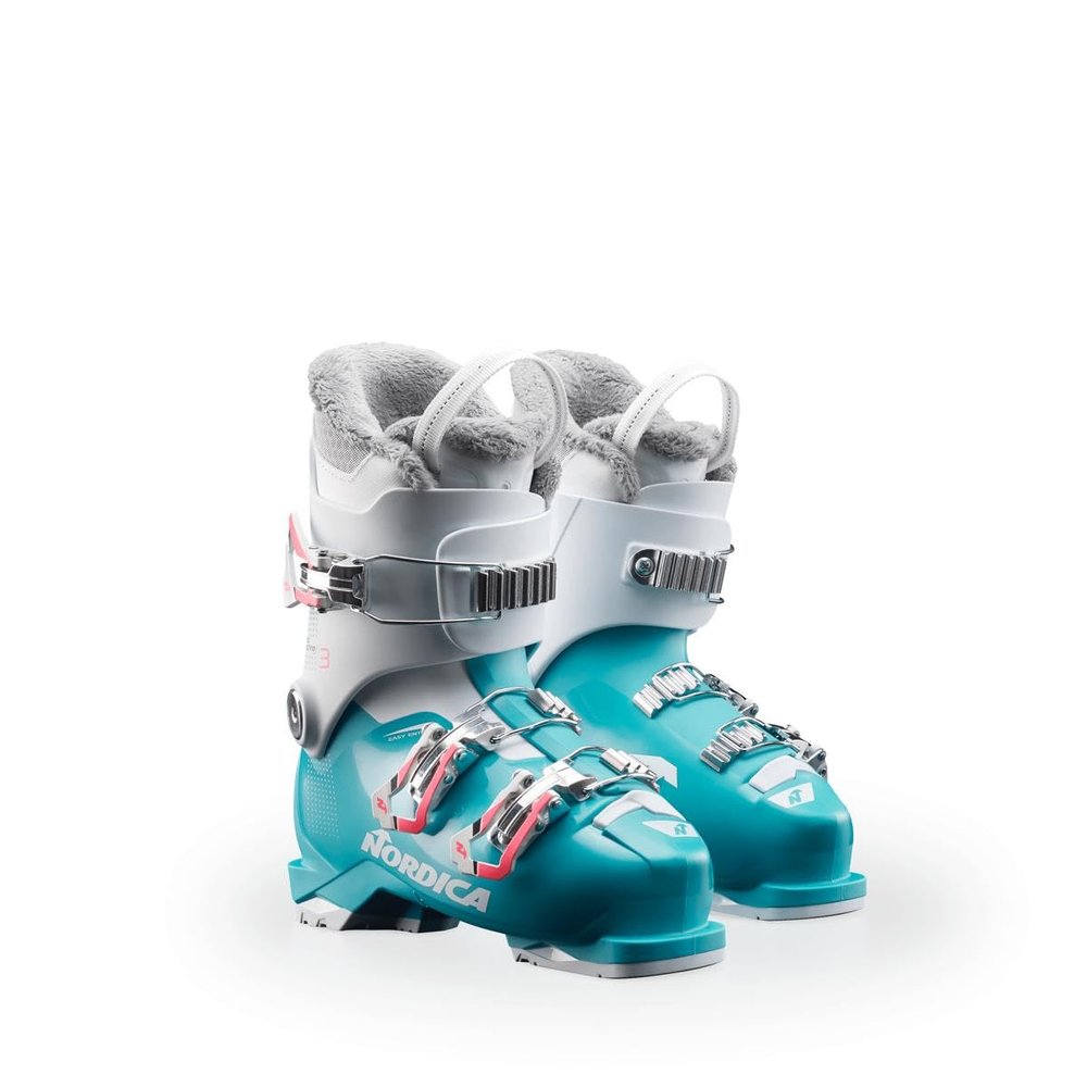 Nordica Speedmachine J3 Kid's Alpine Ski Boots (Light Blue/White/Pink, 22.5)