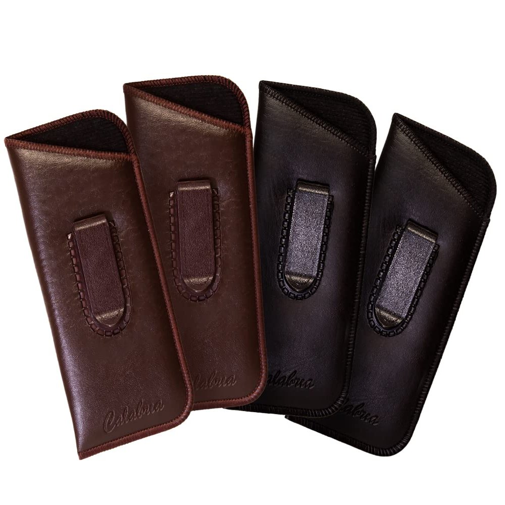 Calabria Slim Half Clip Soft Eyeglass Case 4 PACK-2 Black & 2 Brown Syn. Leather