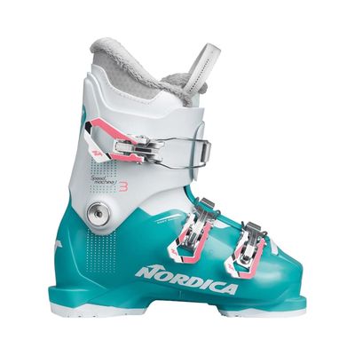 Nordica Speedmachine J3 Kid's Alpine Ski Boots (Light Blue/White/Pink, 26.5)