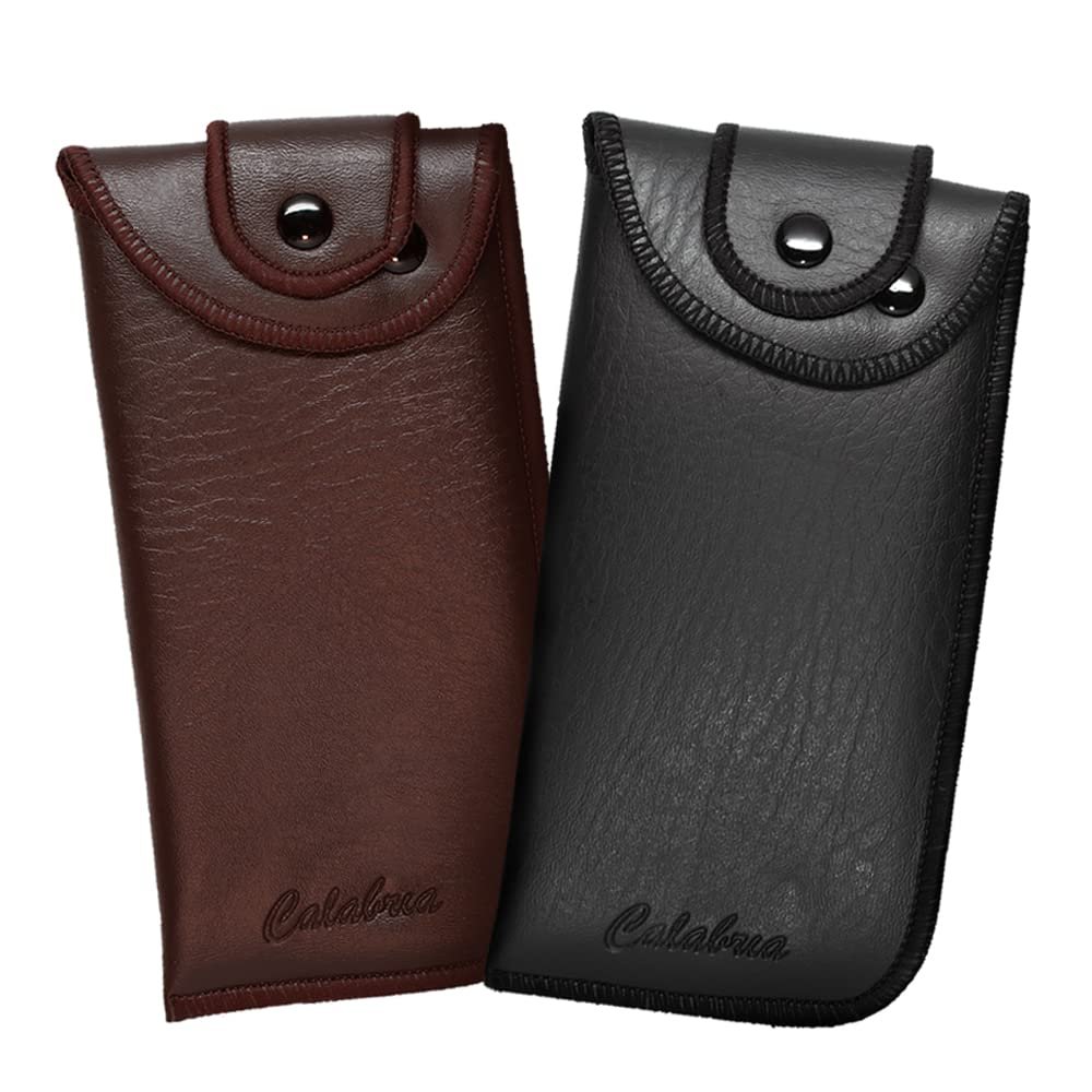 Calabria Soft Eyeglass Case 2 PACK,Belt Attach,Vertical 1 Black &1 Brown Syn.Leather&Felt