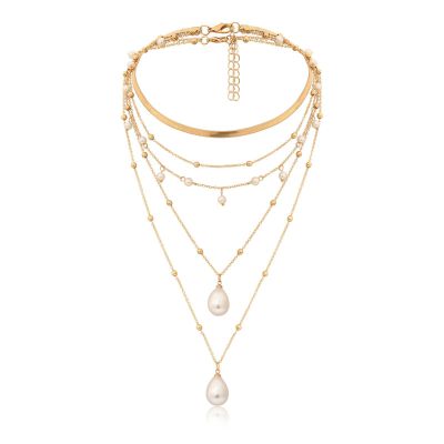 5 Layered Necklaces for Women Trendy Sets, Snake Chain Imitation Pearl Chain Vintage Gold Necklace Set