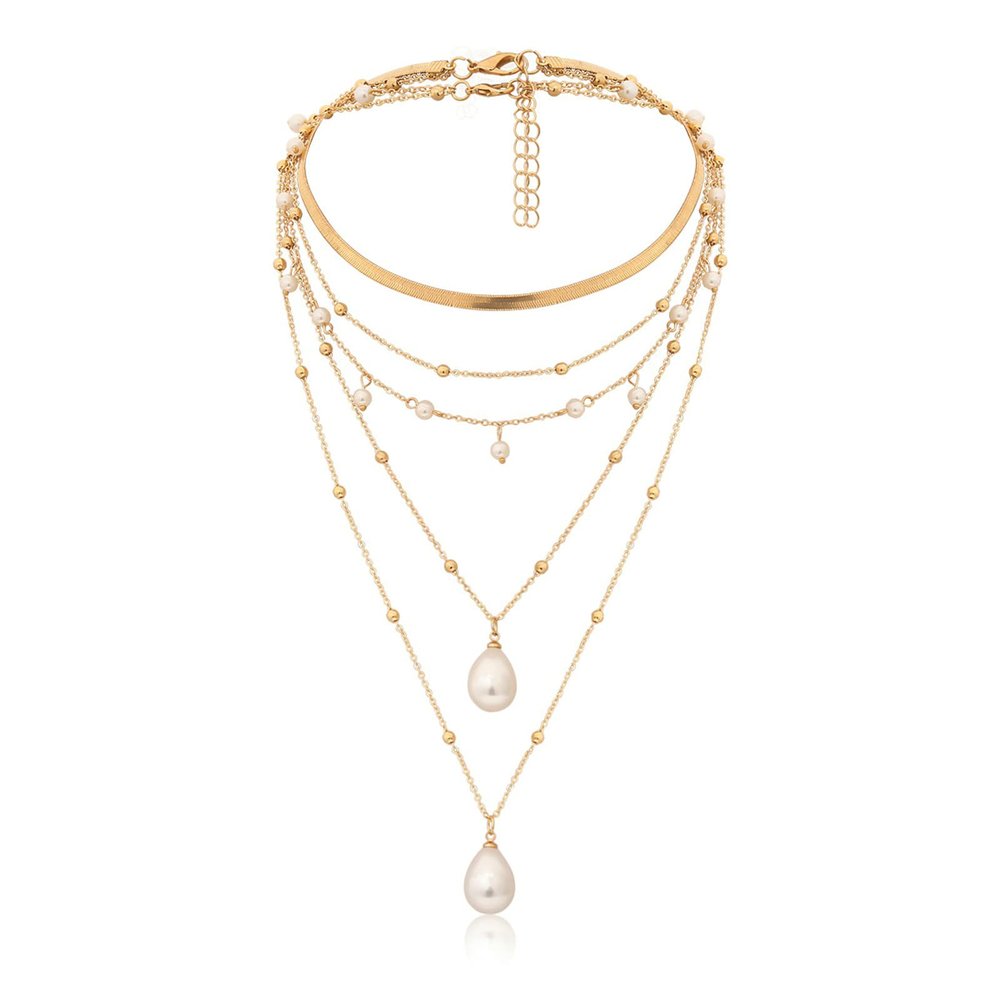 5 Layered Necklaces for Women Trendy Sets, Snake Chain Imitation Pearl Chain Vintage Gold Necklace Set