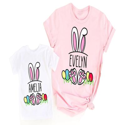 Customized Rabbit T-Shirts, Personalized Bunny Easter Shirts For Mom and Kids, Baby, Pastel Easter Eggs Print Graphic Tee For Children, Toddler Tops, Casual Short Sleeve Tees, Family Easter Matching