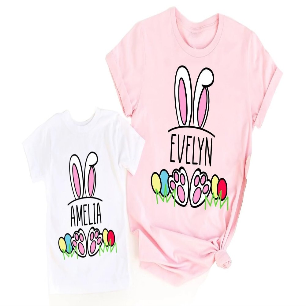 Customized Rabbit T-Shirts, Personalized Bunny Easter Shirts For Mom and Kids, Baby, Pastel Easter Eggs Print Graphic Tee For Children, Toddler Tops, Casual Short Sleeve Tees, Family Easter Matching