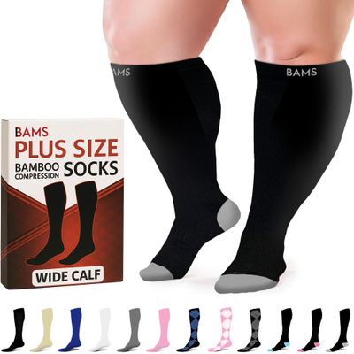 BAMS Plus Size Compression Socks Wide Calf XL XXL XXXL Graduated Knee-High Support, Viscose from Bamboo Easy-On/Easy-Off (Black with Gray, XXL)
