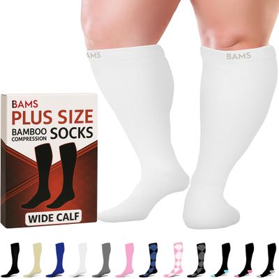 BAMS Plus Size Compression Socks Wide Calf XL XXL XXXL Graduated Knee-High Support, Viscose from Bamboo Easy-On/Easy-Off (White, 4XL)
