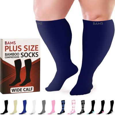 BAMS Plus Size Compression Socks Wide Calf XL XXL XXXL Graduated Knee-High Support, Viscose from Bamboo Easy-On/Easy-Off (Navy, 4XL)