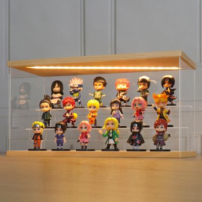 LANSCOERY LED Lighted Acrylic Display Case, 3 Tier Display Box for Collectibles and Action Figures, Clear Dustproof Organizer with Wooden Base 15.2x6.5x7.5inch