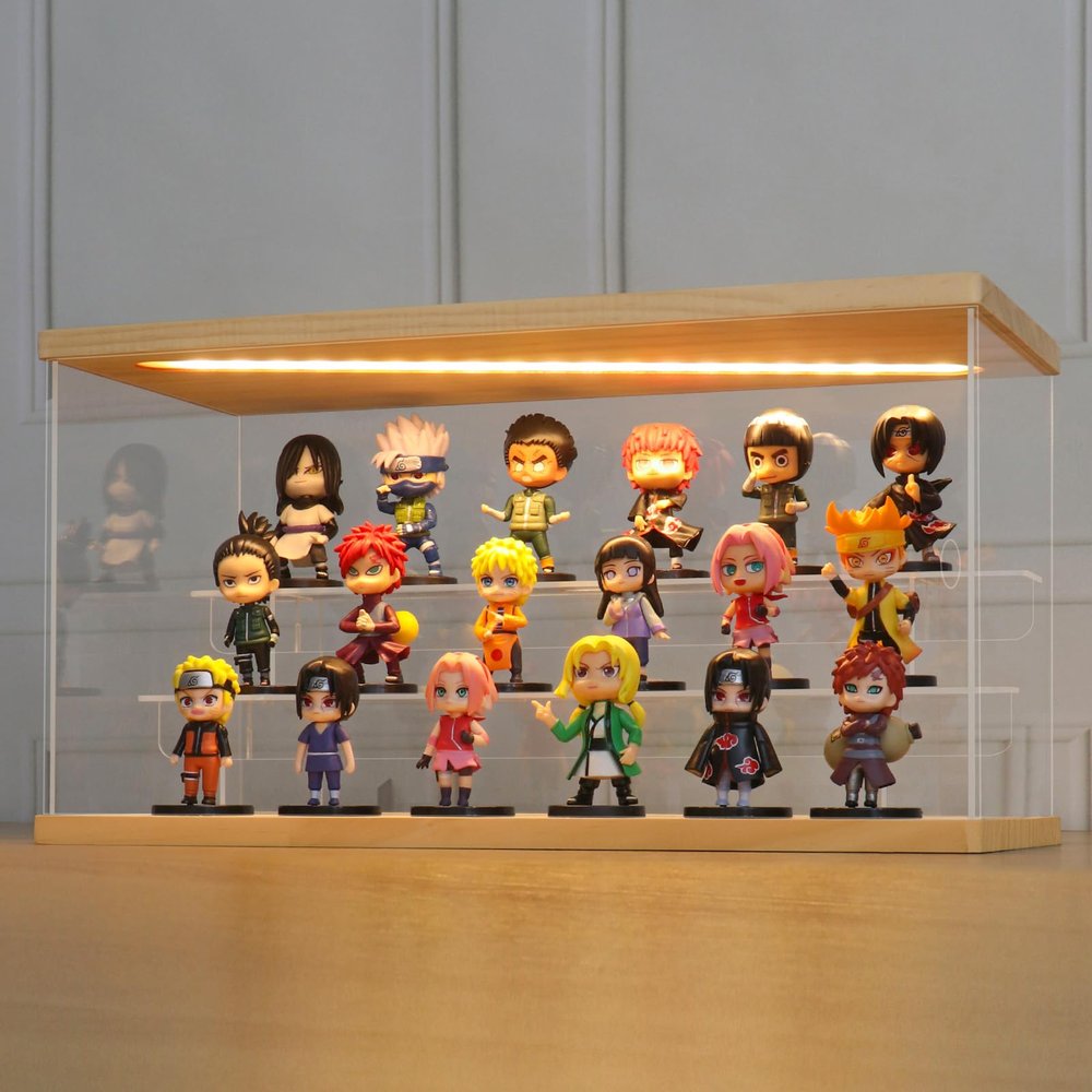 LANSCOERY LED Lighted Acrylic Display Case, 3 Tier Display Box for Collectibles and Action Figures, Clear Dustproof Organizer with Wooden Base  15.2x6.5x7.5inch