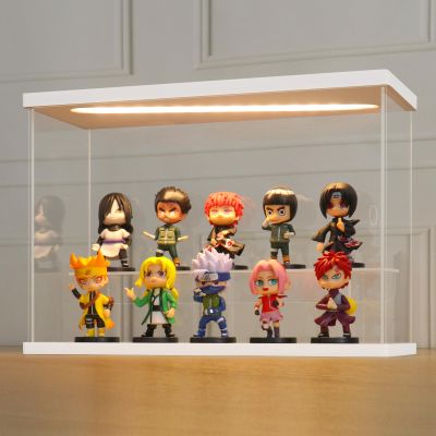 LANSCOERY LED Lighted Acrylic Display Case, 2 Tier Display Box for Collectibles and Action Figures, Clear Dustproof Organizer with White Base 11.8x4.3x7.9inch