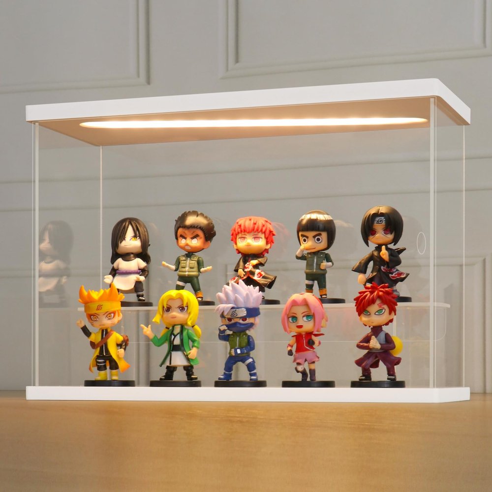 LANSCOERY LED Lighted Acrylic Display Case, 2 Tier Display Box for Collectibles and Action Figures, Clear Dustproof Organizer with White Base 11.8x4.3x7.9inch