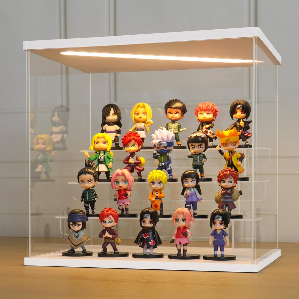 LANSCOERY LED Lighted Acrylic Display Case, 4 Tier Display Box for Collectibles and Action Figures, Clear Dustproof Organizer with White Base  11.8x8.9x11inch